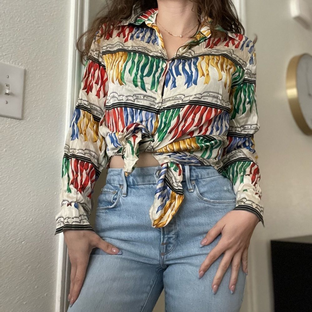 Vintage 90s‎ Silk Rainbow Ribbow Button Down Blouse Top Size Small
